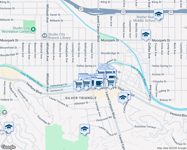map of restaurants, bars, coffee shops, grocery stores, and more near 4143 Vantage Avenue in Los Angeles