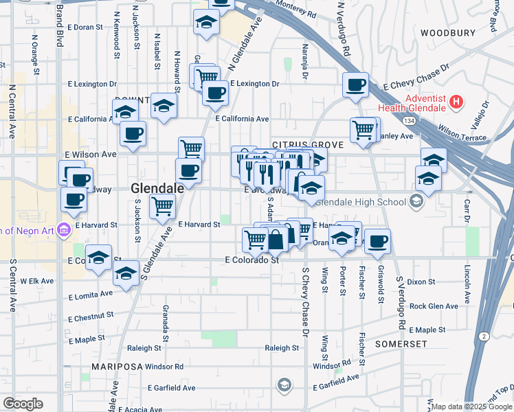 map of restaurants, bars, coffee shops, grocery stores, and more near 120 South Belmont Street in Glendale