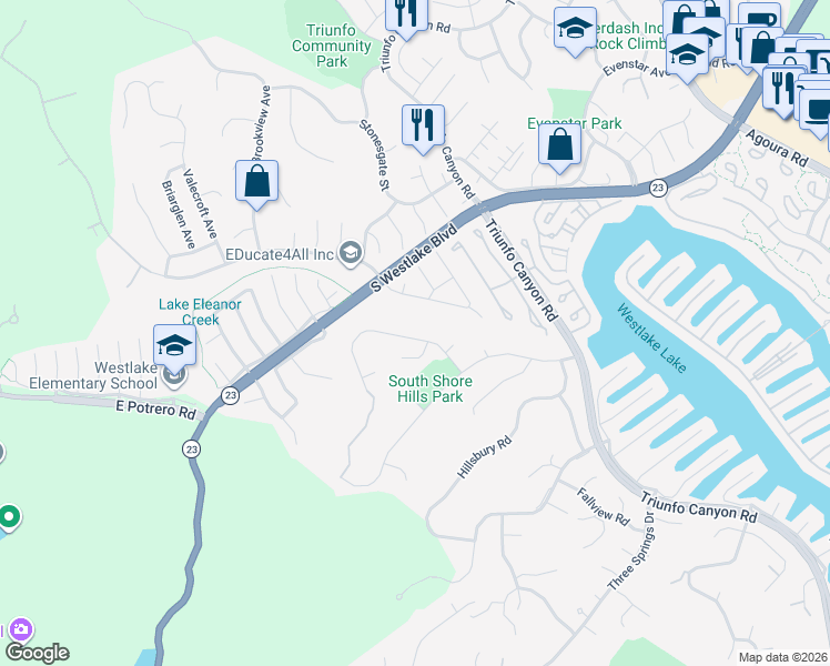 map of restaurants, bars, coffee shops, grocery stores, and more near 2069 Channelford Road in Westlake Village