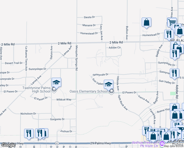 map of restaurants, bars, coffee shops, grocery stores, and more near 73028 Sunnyvale Drive in Twentynine Palms