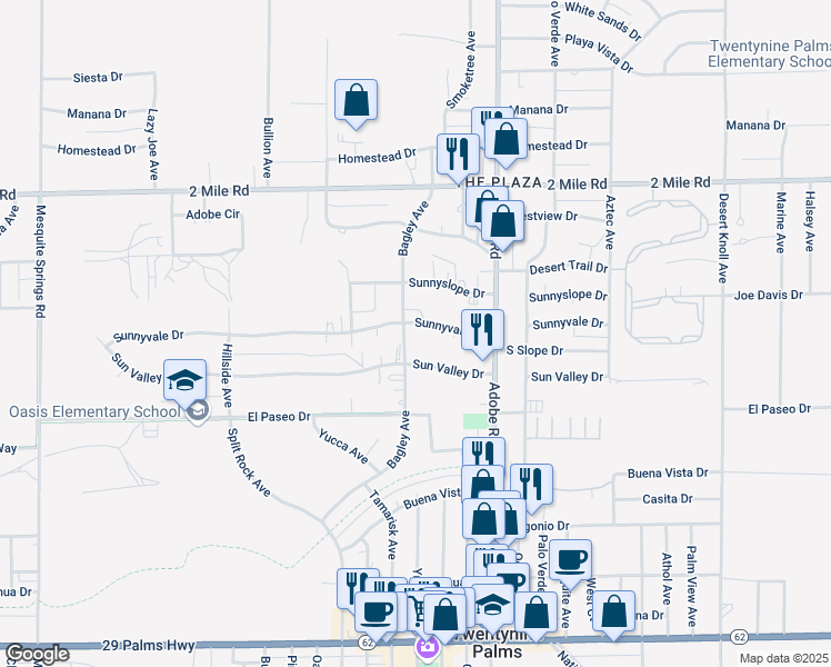 map of restaurants, bars, coffee shops, grocery stores, and more near 5967 Bagley Avenue in Twentynine Palms
