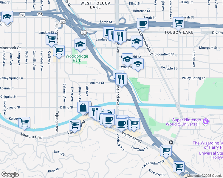 map of restaurants, bars, coffee shops, grocery stores, and more near 11014 Acama Street in Los Angeles
