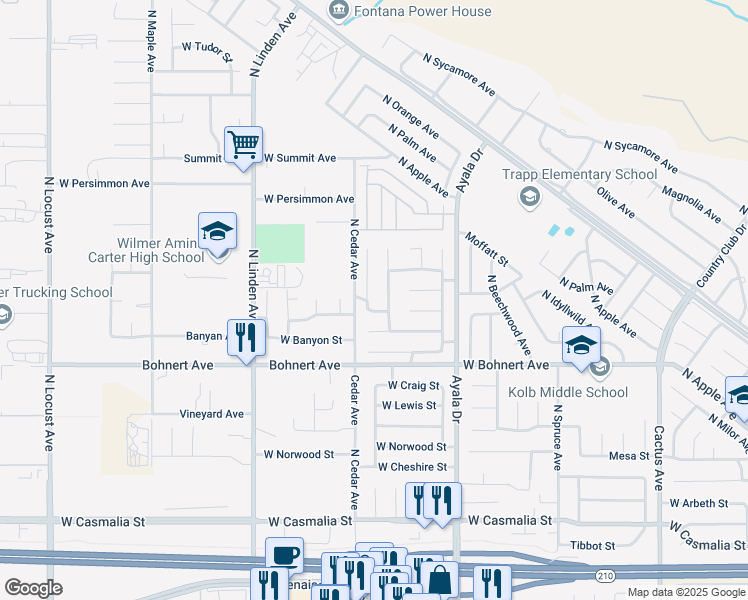 map of restaurants, bars, coffee shops, grocery stores, and more near 2503 North Quince Avenue in Rialto