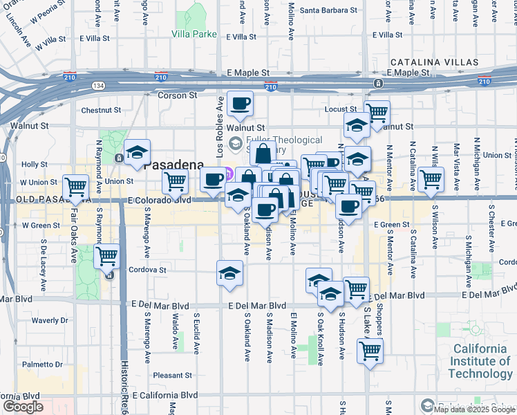 map of restaurants, bars, coffee shops, grocery stores, and more near 550 East Colorado Boulevard in Pasadena