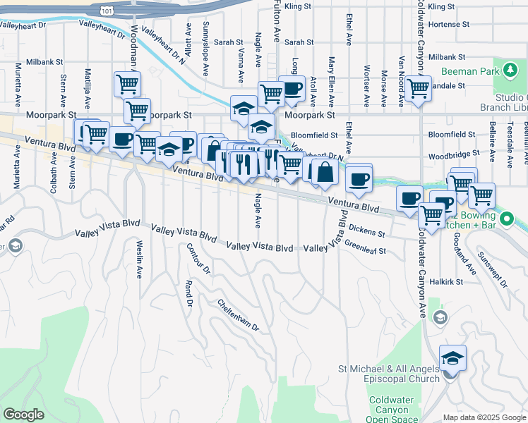 map of restaurants, bars, coffee shops, grocery stores, and more near 4172 Nagle Avenue in Los Angeles