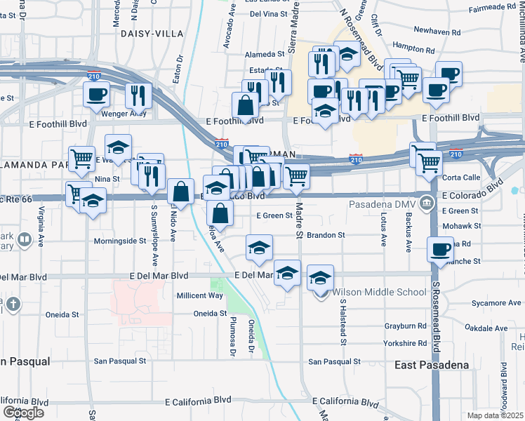 map of restaurants, bars, coffee shops, grocery stores, and more near 3231 East Green Street in Pasadena