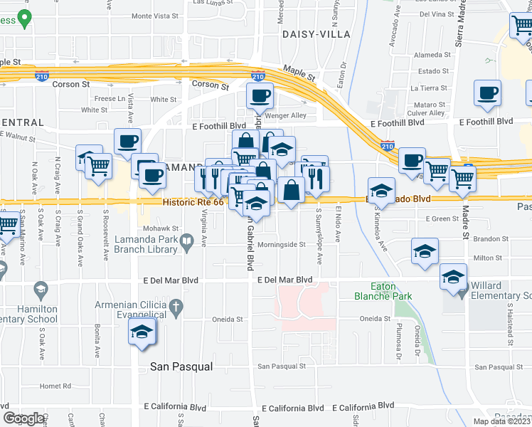 map of restaurants, bars, coffee shops, grocery stores, and more near 29 South Daisy Avenue in Pasadena