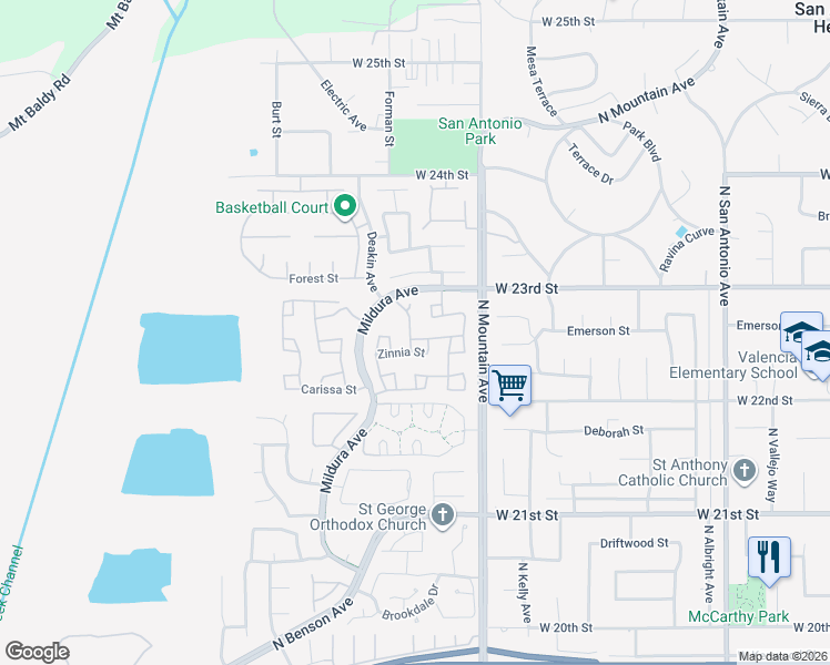 map of restaurants, bars, coffee shops, grocery stores, and more near 2265 Jasmine Avenue in Upland