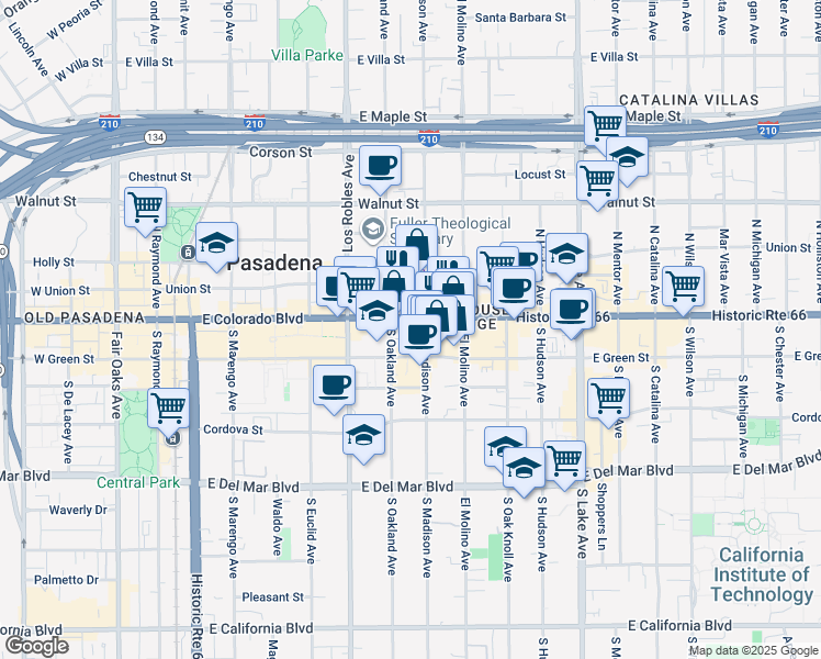 map of restaurants, bars, coffee shops, grocery stores, and more near 550 East Colorado Boulevard in Pasadena