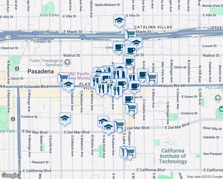 map of restaurants, bars, coffee shops, grocery stores, and more near 795 East Colorado Boulevard in Pasadena