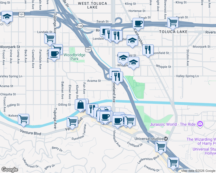 map of restaurants, bars, coffee shops, grocery stores, and more near 11014 Acama Street in Los Angeles