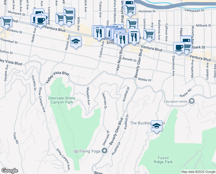 map of restaurants, bars, coffee shops, grocery stores, and more near 14600 Round Valley Drive in Los Angeles