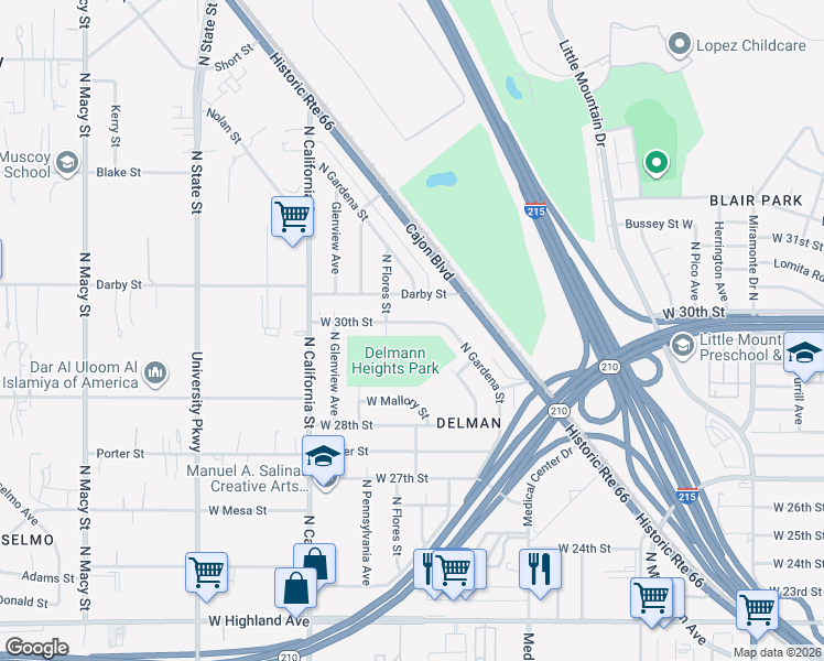 map of restaurants, bars, coffee shops, grocery stores, and more near 1750 West 30th Street in San Bernardino