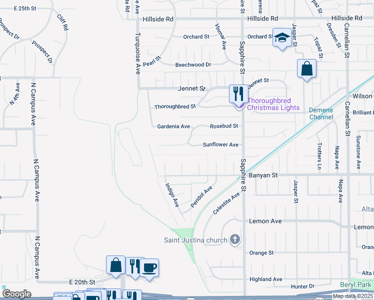 map of restaurants, bars, coffee shops, grocery stores, and more near 8100 Sunflower Avenue in Rancho Cucamonga