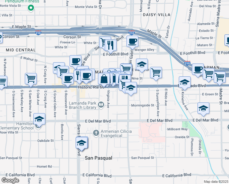 map of restaurants, bars, coffee shops, grocery stores, and more near 29 South Vinedo Avenue in Pasadena