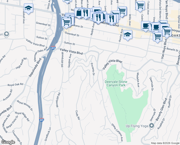 map of restaurants, bars, coffee shops, grocery stores, and more near 15075 Rayneta Drive in Los Angeles