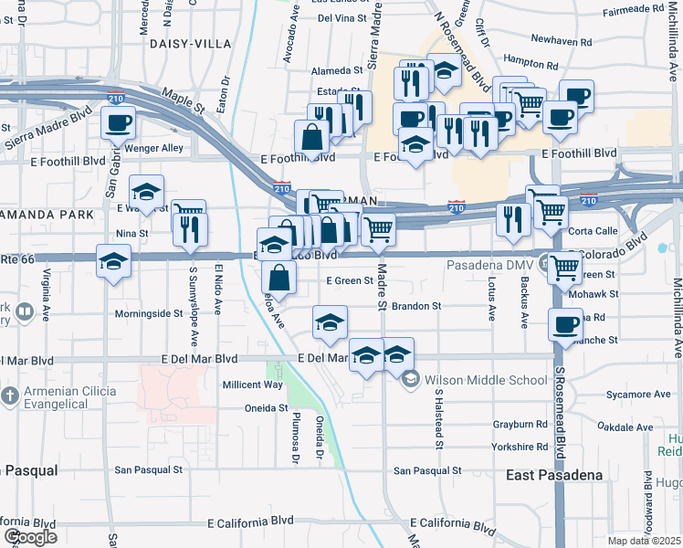 map of restaurants, bars, coffee shops, grocery stores, and more near 3247 East Green Street in Pasadena