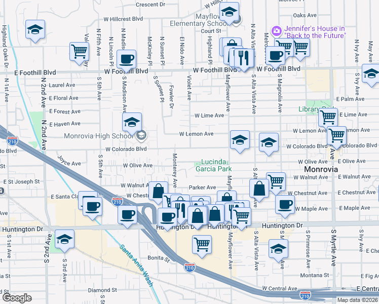 map of restaurants, bars, coffee shops, grocery stores, and more near 644 West Colorado Boulevard in Monrovia
