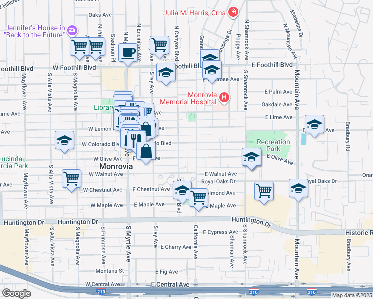 map of restaurants, bars, coffee shops, grocery stores, and more near 315 East Colorado Boulevard in Monrovia