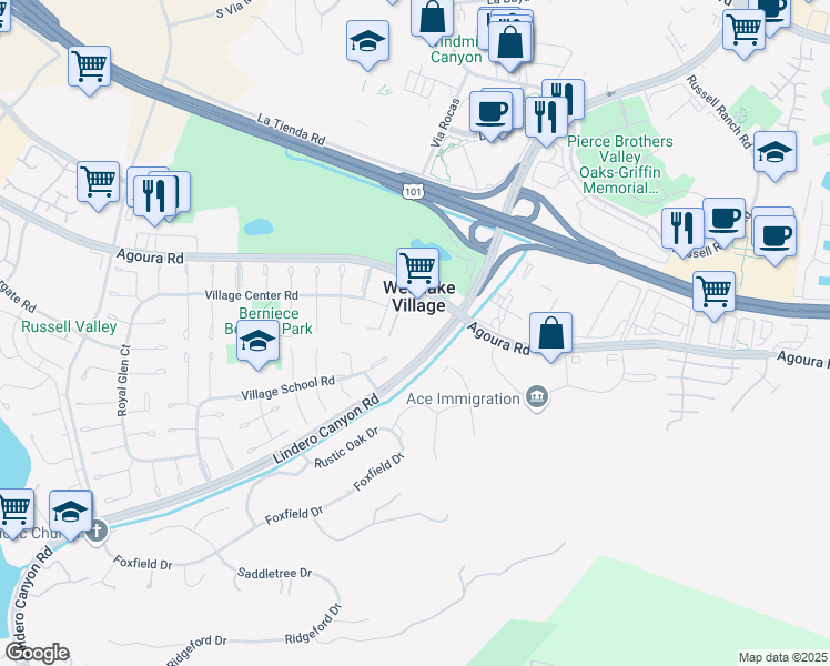map of restaurants, bars, coffee shops, grocery stores, and more near 31573 Lindero Canyon Road in Westlake Village