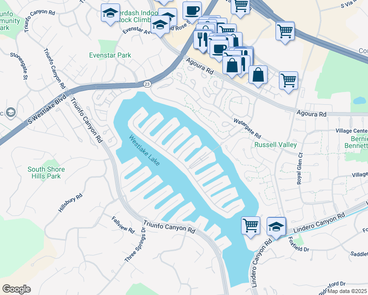 map of restaurants, bars, coffee shops, grocery stores, and more near 1465 Eastwind Circle in Westlake Village