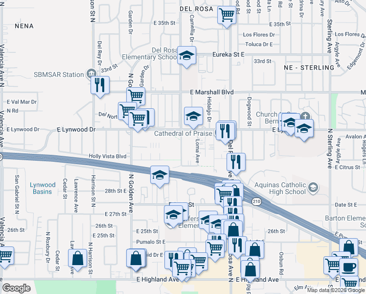map of restaurants, bars, coffee shops, grocery stores, and more near 2991 Mountain Avenue North in San Bernardino