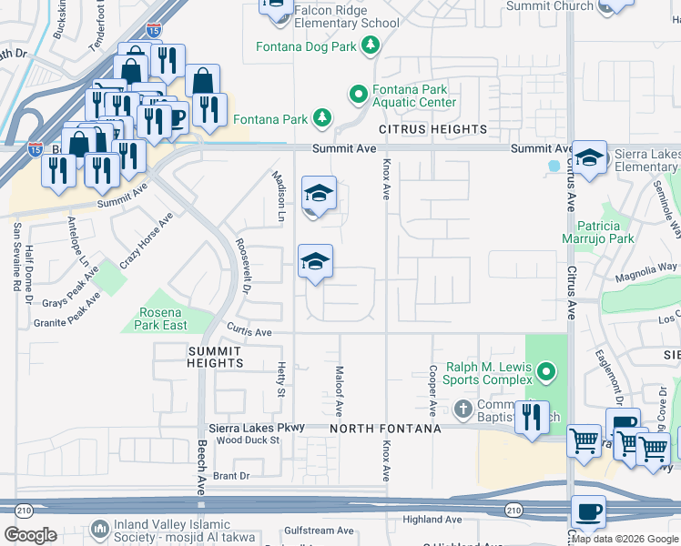 map of restaurants, bars, coffee shops, grocery stores, and more near 15572 Peak Lane in Fontana