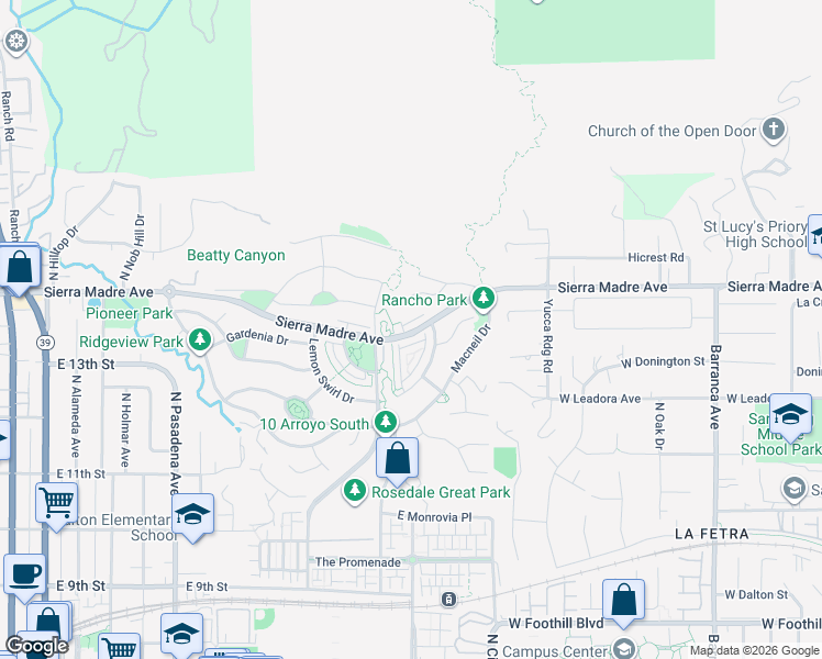 map of restaurants, bars, coffee shops, grocery stores, and more near 791 East Wilsford Way in Azusa