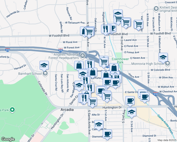 map of restaurants, bars, coffee shops, grocery stores, and more near 513 North Santa Anita Avenue in Arcadia