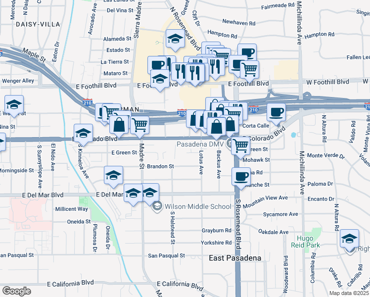 map of restaurants, bars, coffee shops, grocery stores, and more near 3500 East Colorado Boulevard in Pasadena