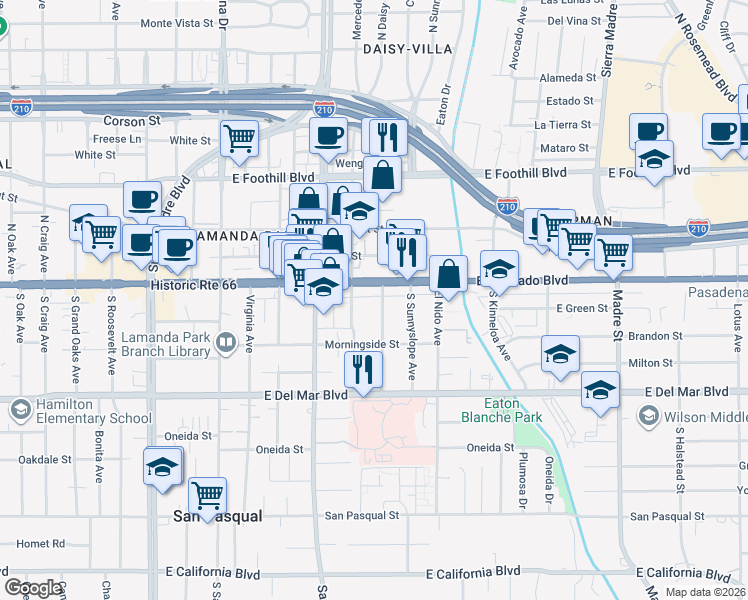 map of restaurants, bars, coffee shops, grocery stores, and more near 2814 East Colorado Boulevard in Pasadena
