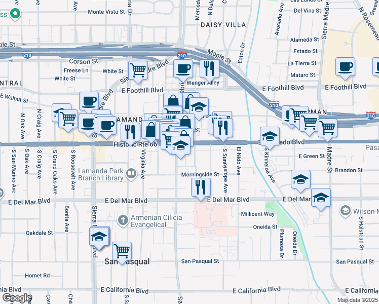 map of restaurants, bars, coffee shops, grocery stores, and more near 2754 East Colorado Boulevard in Pasadena
