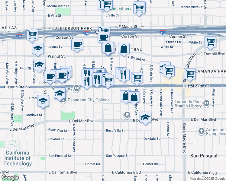 map of restaurants, bars, coffee shops, grocery stores, and more near 1890 East Colorado Boulevard in Pasadena