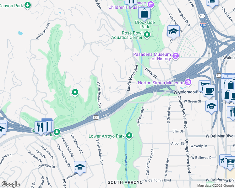map of restaurants, bars, coffee shops, grocery stores, and more near 150 Fern Drive in Pasadena