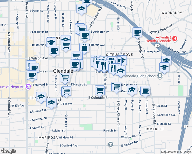 map of restaurants, bars, coffee shops, grocery stores, and more near 920 East Broadway in Glendale