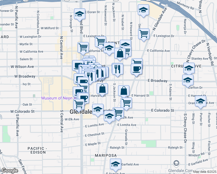 map of restaurants, bars, coffee shops, grocery stores, and more near 410 East Broadway in Glendale