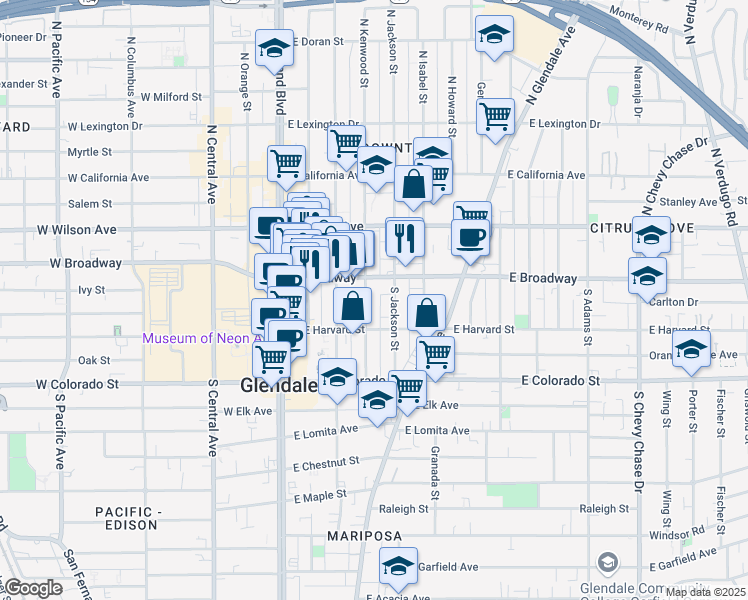 map of restaurants, bars, coffee shops, grocery stores, and more near 402 East Broadway in Glendale