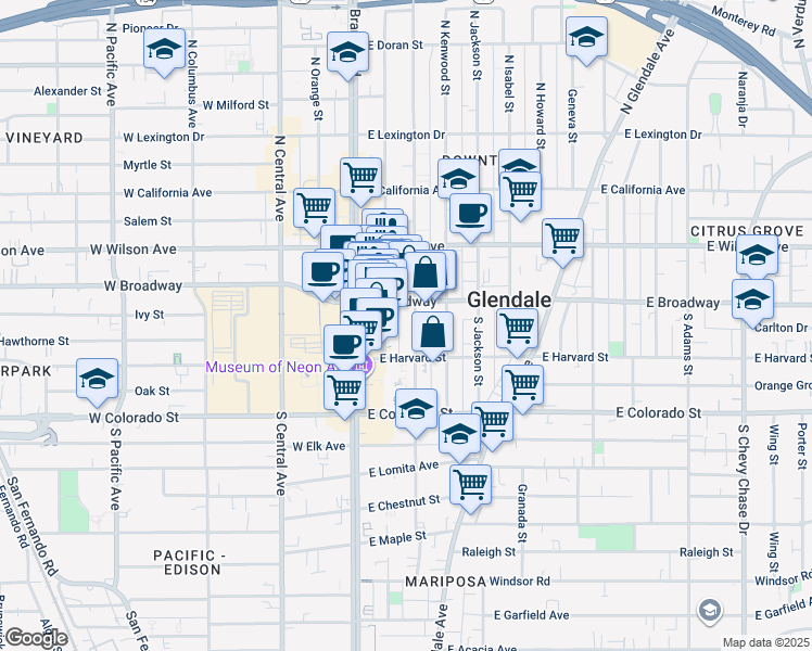 map of restaurants, bars, coffee shops, grocery stores, and more near 115 East Broadway in Glendale