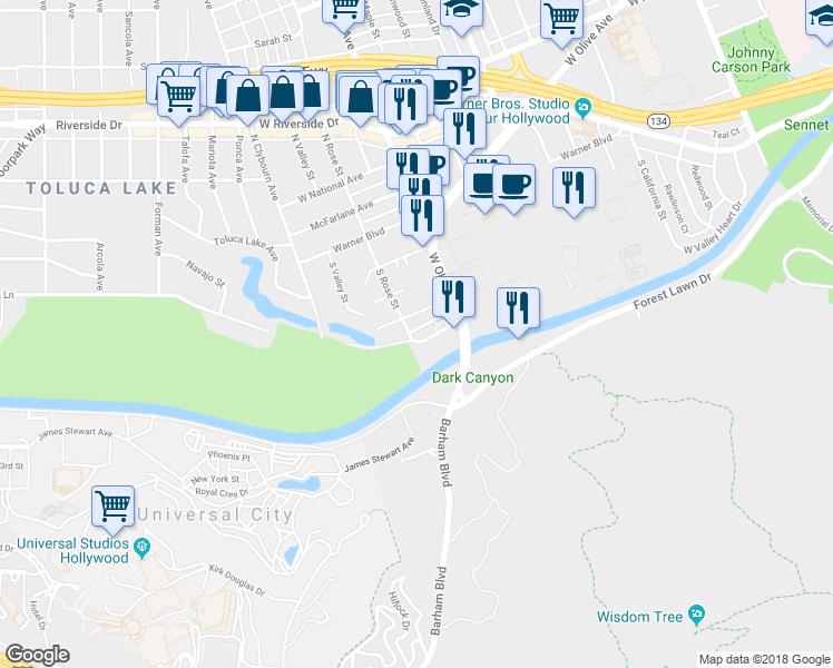 map of restaurants, bars, coffee shops, grocery stores, and more near in Burbank