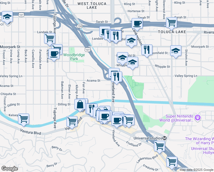 map of restaurants, bars, coffee shops, grocery stores, and more near 11014 Acama Street in Los Angeles