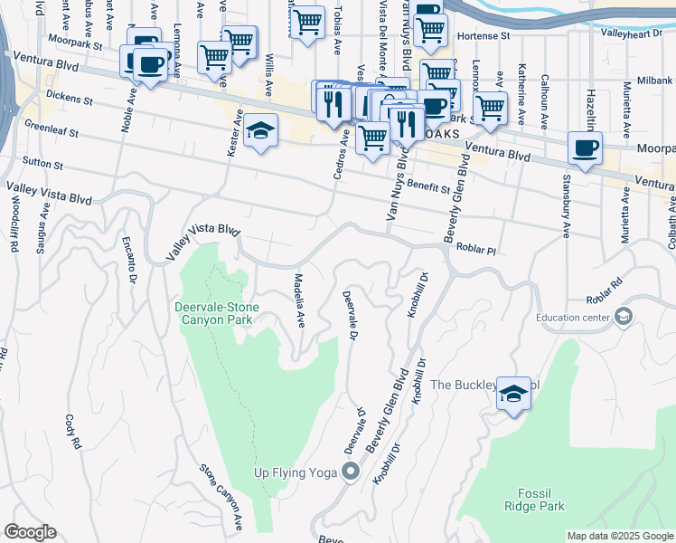 map of restaurants, bars, coffee shops, grocery stores, and more near 14639 Round Valley Drive in Los Angeles