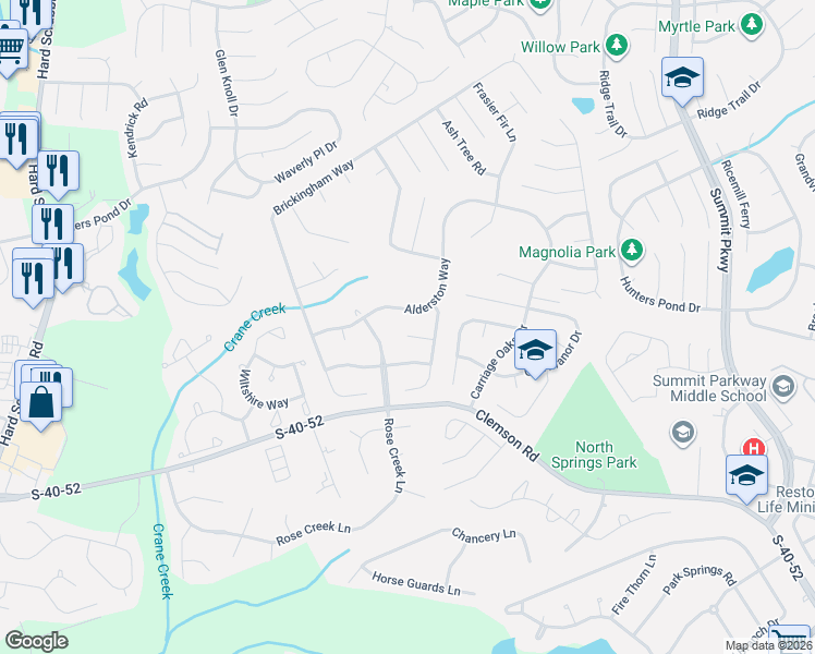 map of restaurants, bars, coffee shops, grocery stores, and more near 216 Alderston Way in Columbia