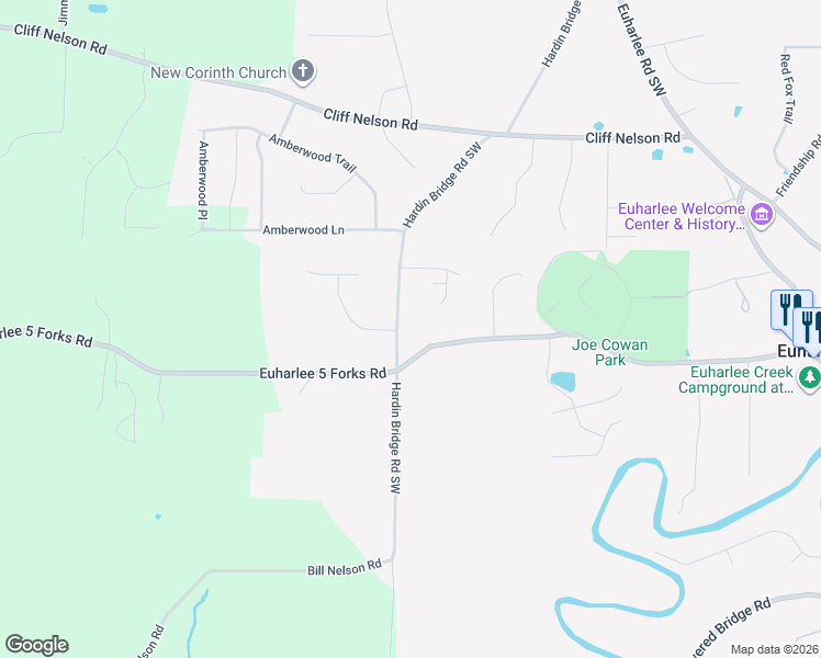 map of restaurants, bars, coffee shops, grocery stores, and more near 1227 Hardin Bridge Road in Euharlee