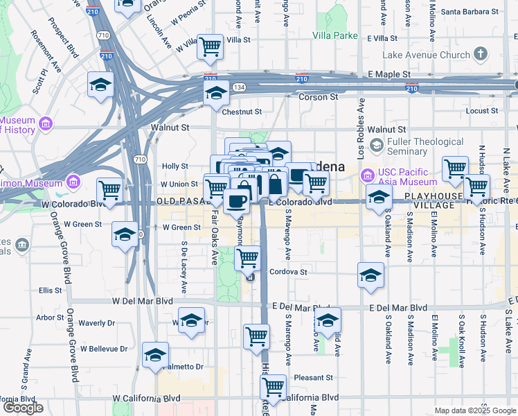 map of restaurants, bars, coffee shops, grocery stores, and more near in Pasadena