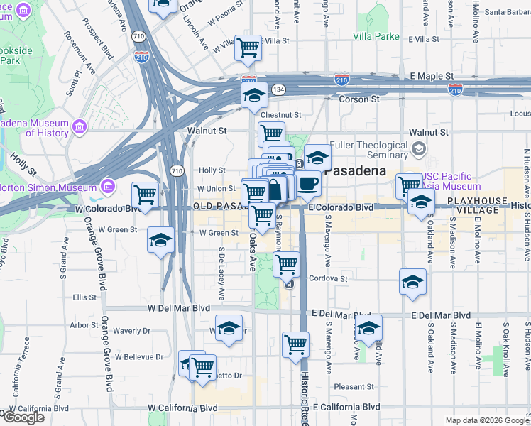 map of restaurants, bars, coffee shops, grocery stores, and more near in Pasadena