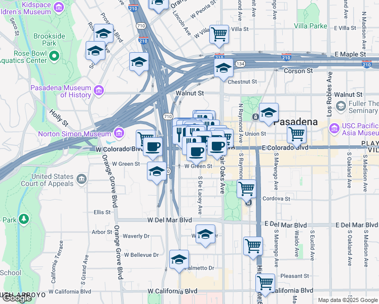 map of restaurants, bars, coffee shops, grocery stores, and more near 139 West Colorado Boulevard in Pasadena