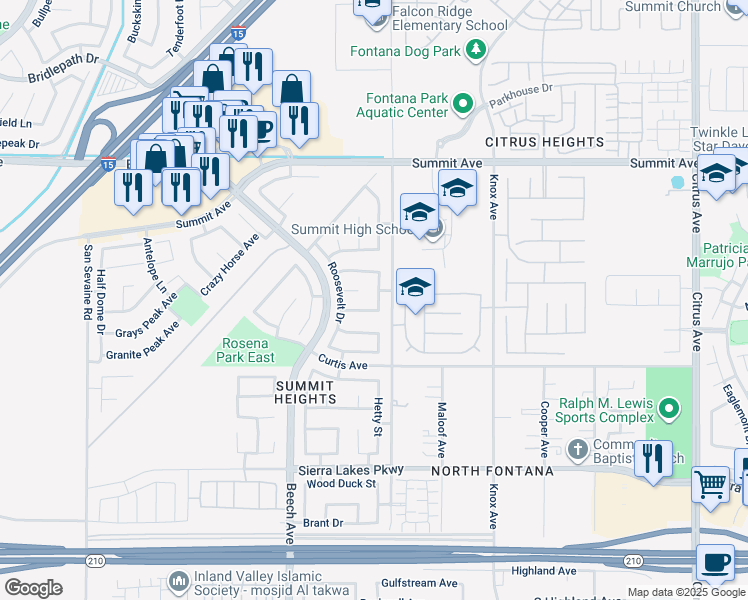 map of restaurants, bars, coffee shops, grocery stores, and more near 5440 Cherry Avenue in Fontana