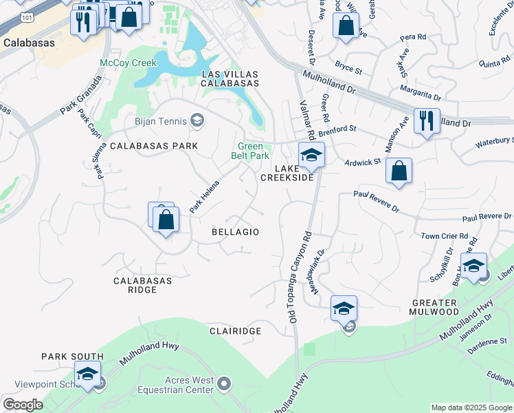 map of restaurants, bars, coffee shops, grocery stores, and more near 23123 Park Terra in Calabasas