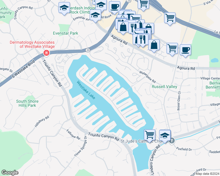 map of restaurants, bars, coffee shops, grocery stores, and more near 1465 Eastwind Circle in Westlake Village