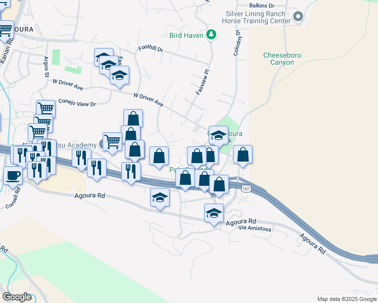 map of restaurants, bars, coffee shops, grocery stores, and more near 5291 Colodny Drive in Agoura Hills